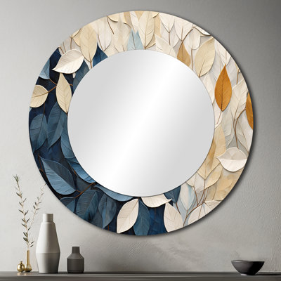 Rital beige et bleu minimaliste feuilles collage - miroir de feuilles, miroir mural rond traditionnel