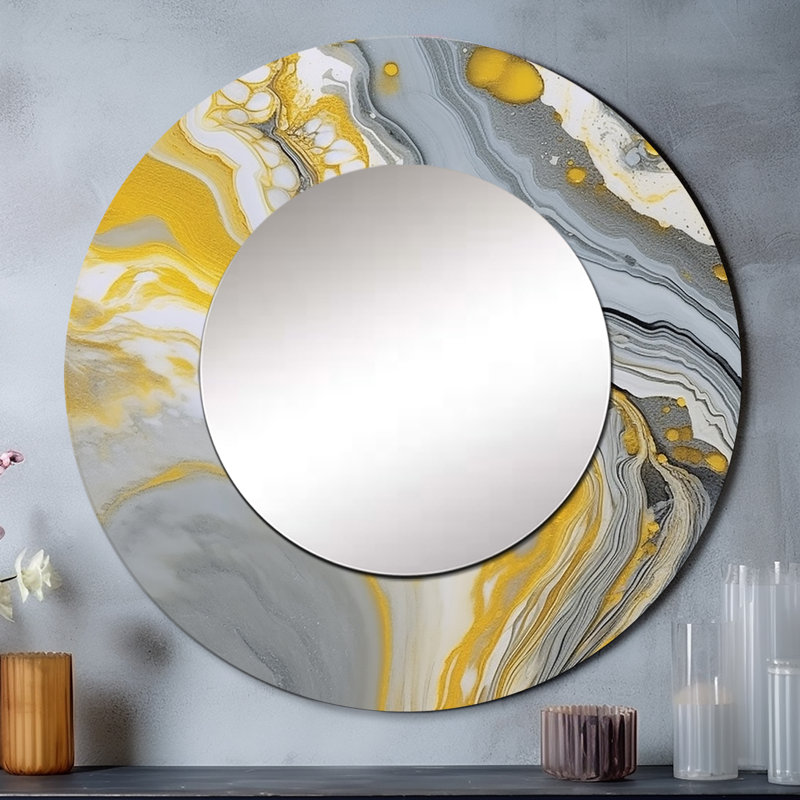 Symphonie de marbre gris gris jaune - grand miroir mural abstrait, miroir décoratif rond gris, impression d'art en métal