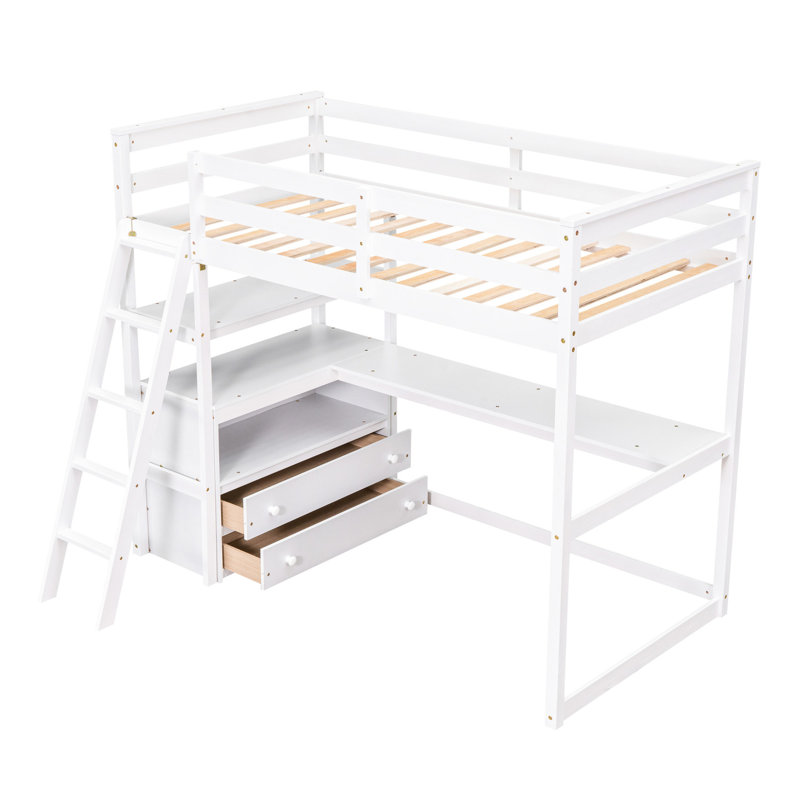 Lit mezzanine simple blanc avec bureau, tablettes et système d'aménagement fonctionnel