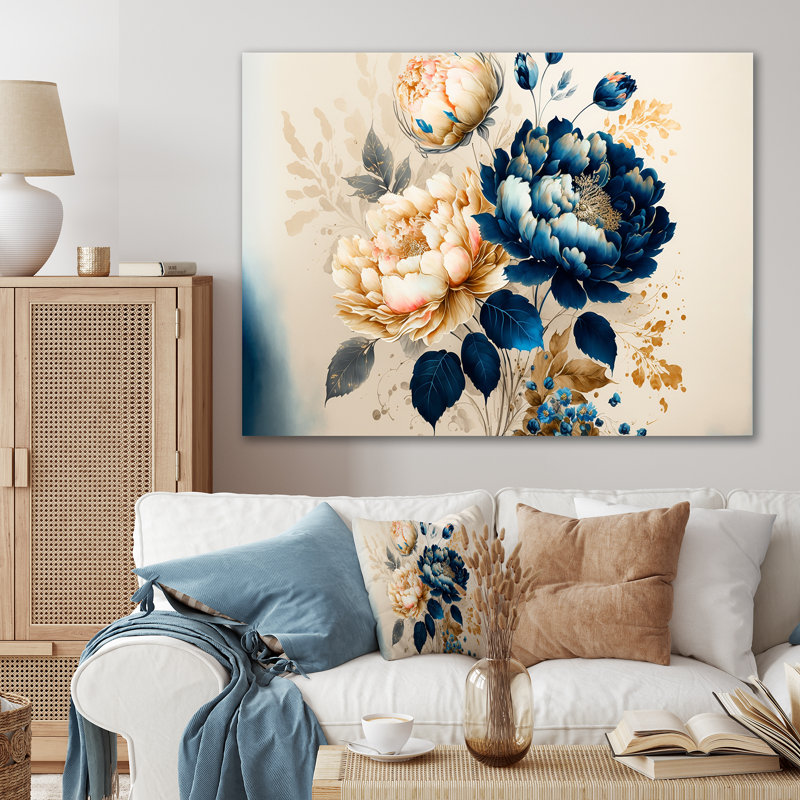 «Blue and Gold Floral Bunch II», impression sur toile, Toile tendue, 28" H x 60" W
