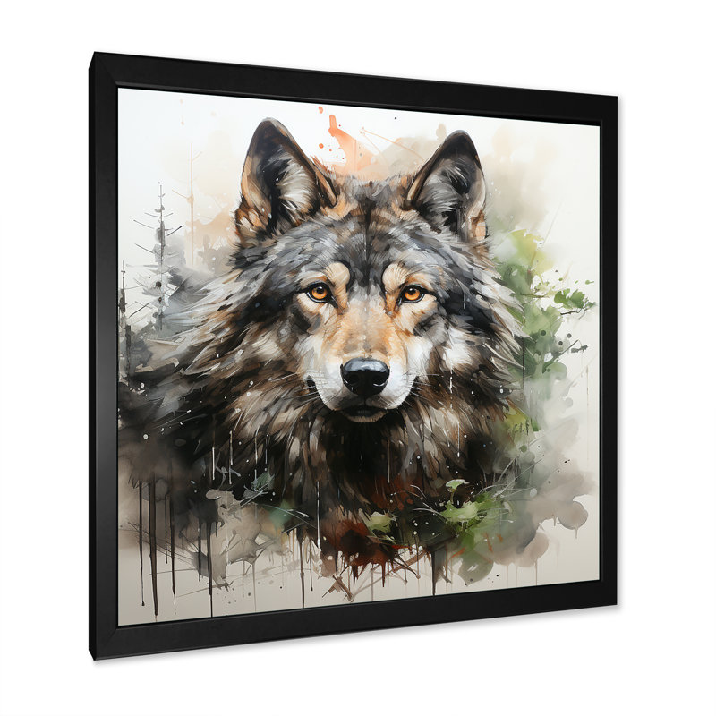 Solitude, portrait de loup II - loup grand, art mural, H 36 po x l 36 po x P 1,5 po, Cadre simple noir
