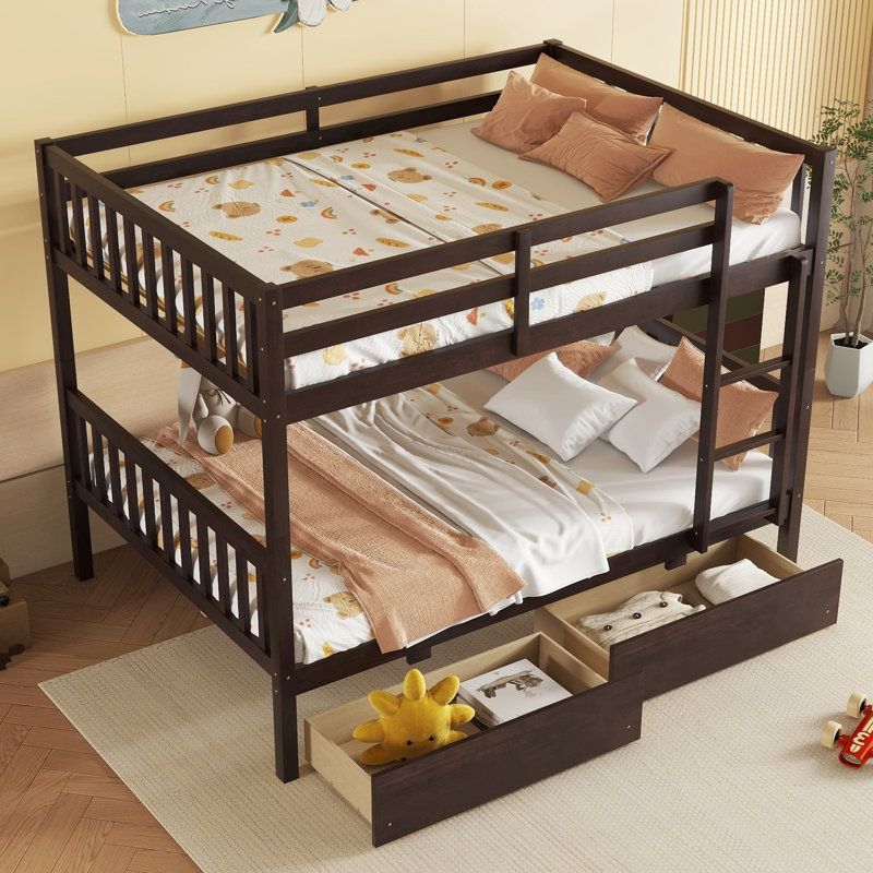 Full Over Full Bunk Bed with 2 Drawers, Ladder & Guardrails, Convertible to 2 Full Beds, Rubberwood Frame,Espresso, Espresso