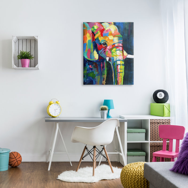 «Contemporary Elephant Abstract Patchwork Rainbow» par Nan - Peinture sur toile, Toile tendue, H 40 po x l 30 po