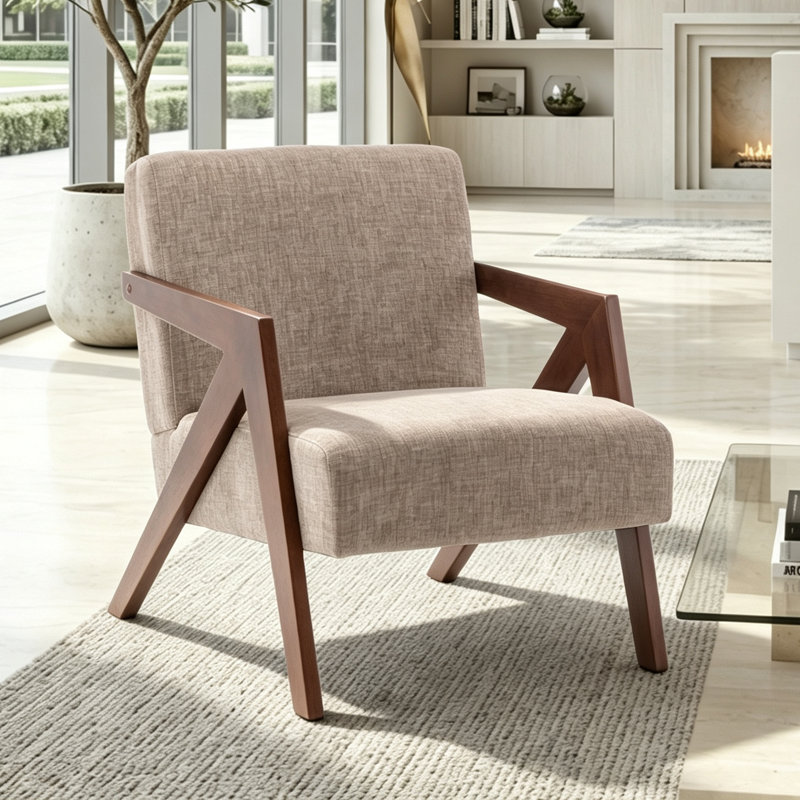Fauteuil d'appoint de réception, fauteuil en tissu de style moderne du milieu du siècle avec structure robuste en bois massif pour salon, chambre et bureau