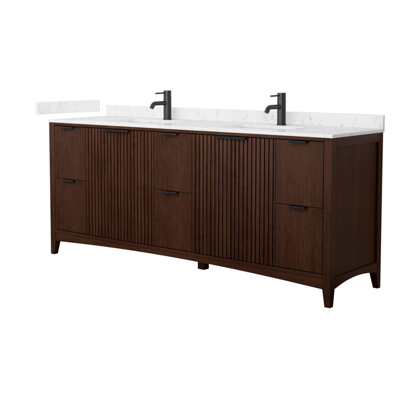 Palmilla 84" Freestanding Double Bathroom Vanity with Cultured Marble Top, Brown, Matte Black