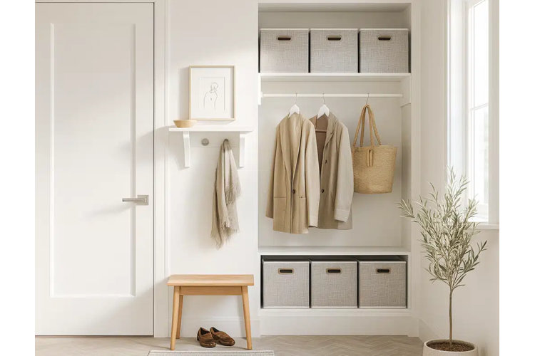 A bright and organized entryway closet system built into a white wall next to a closed white door. The storage nook features three gray fabric storage bins on both the top and bottom shelves. A central clothing rod holds two tan blazers on white hangers alongside a woven tote bag. To the left of the closet, a small white floating shelf with coat hooks holds a hanging scarf and displays a framed line-art print, while a simple wooden bench sits below with a pair of brown leather shoes underneath. A potted olive tree sits to the right near a window.