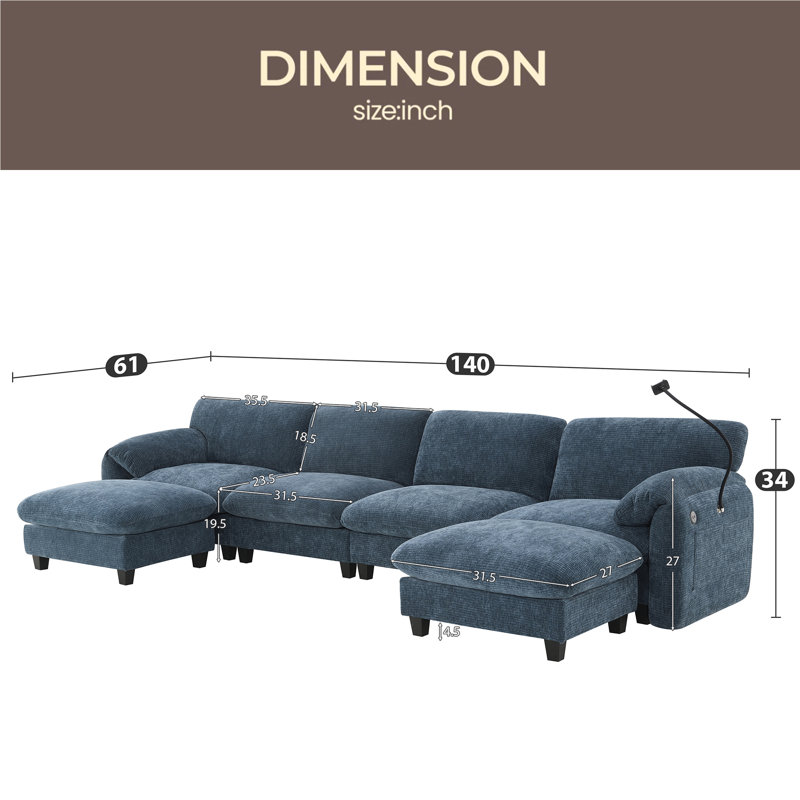 Canapé modulaire de 140 po en forme de U avec coussin de siège extra large de 31,5 po, chargeur USB et de type C, support pour téléphone et 2 poches de rangement latérales, repose-pieds à mouvement libre, chenille rayée