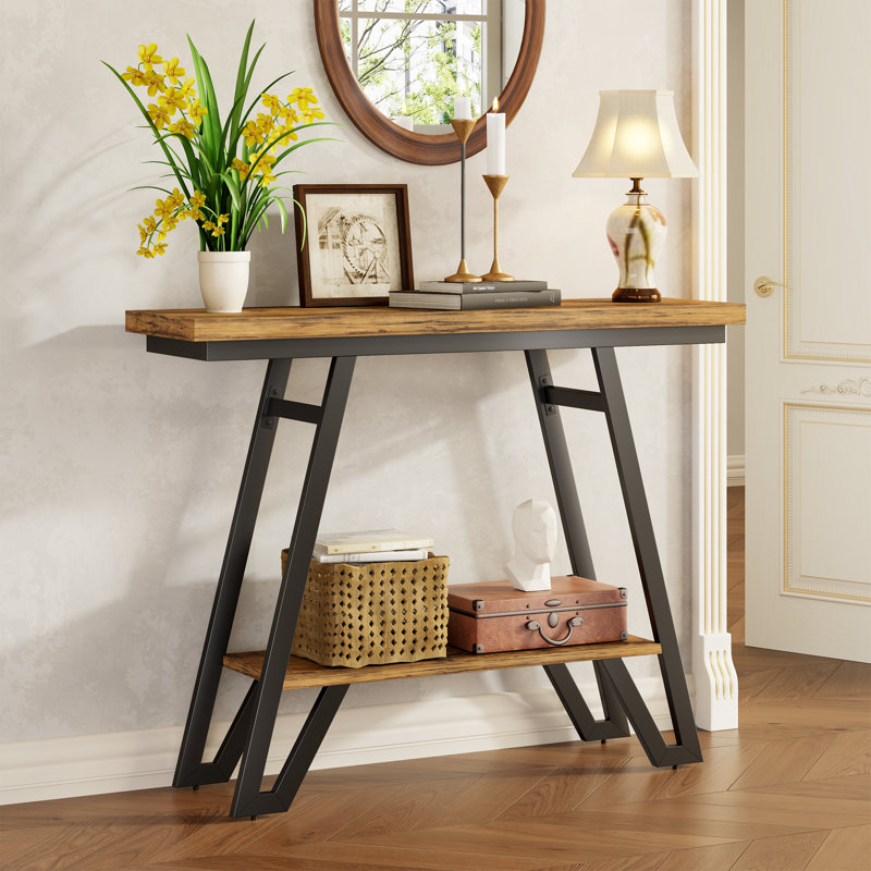 40.5" Industrial Console Table With Metal Frame, 2-tier Narrow Entryway Table For Small Spaces, Brown