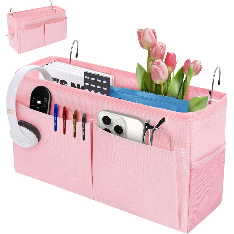 Organisateur de chevet rose avec sangles fixes, rangement pour lit superposé polyvalent, pour la maison, le dortoir, l’hôpital et le lit de bébé