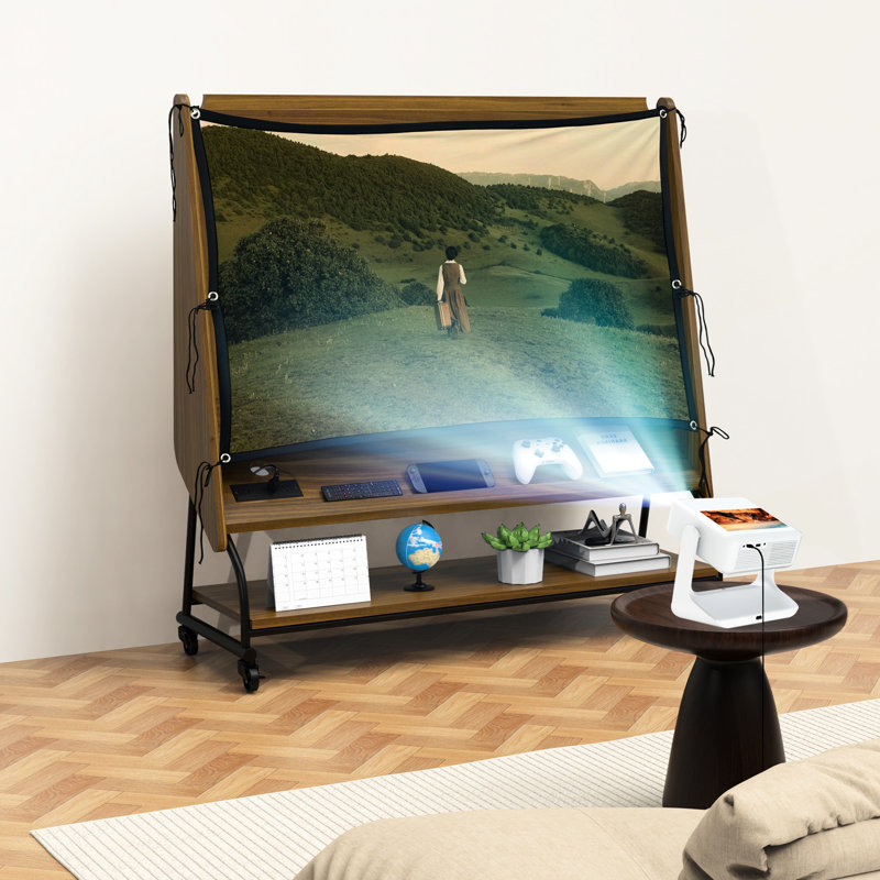 Meuble télé ajustable pour téléviseur de 32 à 50 po, chariot roulant avec pivot 360 °, tablettes à 3 niveaux, prise de courant intelligente et écran de projecteur caché, matériel, support de divertissement dans la chambre à coucher, verrouillage, rangement