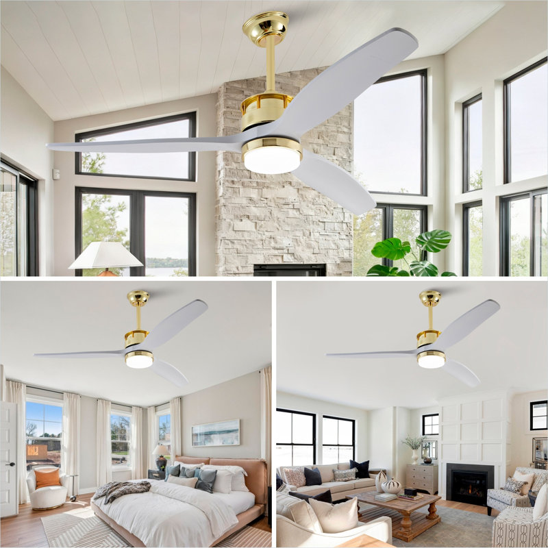 Ventilateur de plafond d'intérieur avec lumière DEL à intensité variable et télécommande - Pales en bois massif de 52 pouces en blanc classique, moteur à courant continu réversible pour chambre à coucher, salon