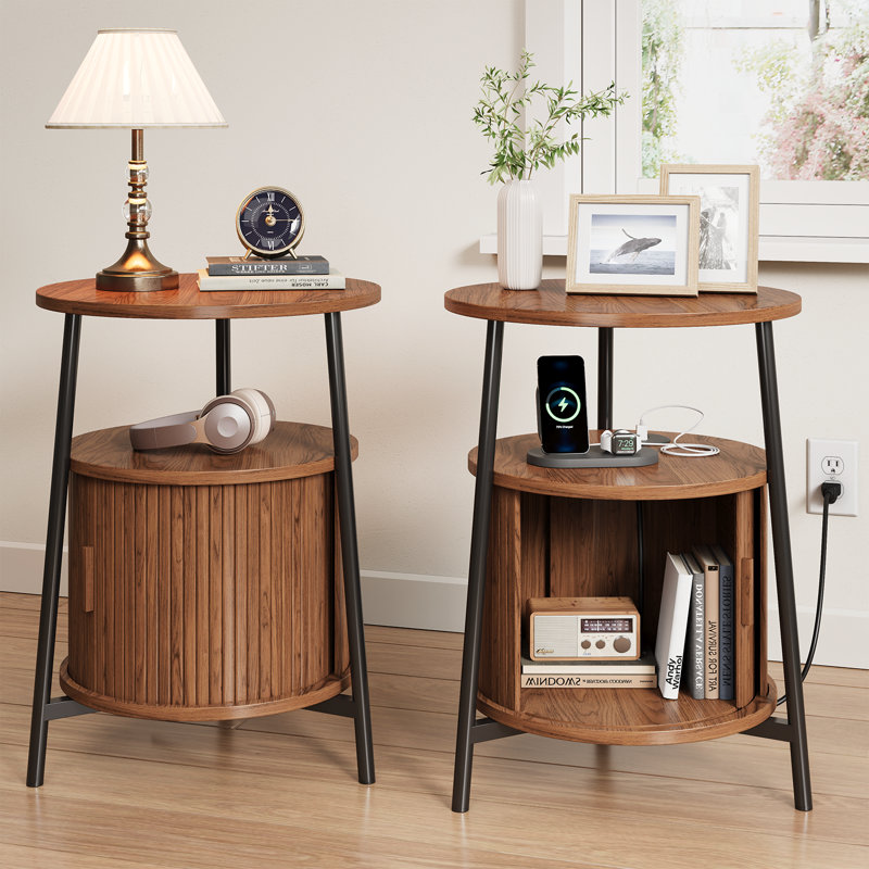 2-Pack Round End Table (Set Of 2) With Charging Station & Sliding Tambour Door, Fluted Side Table With Storage, Walnut, 2