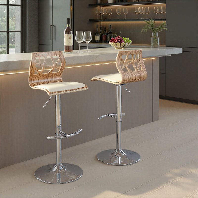 Tabourets ajustables avec repose-pieds arrondi Fayette, Chrome chrome, Similicuir crème / bois zébré