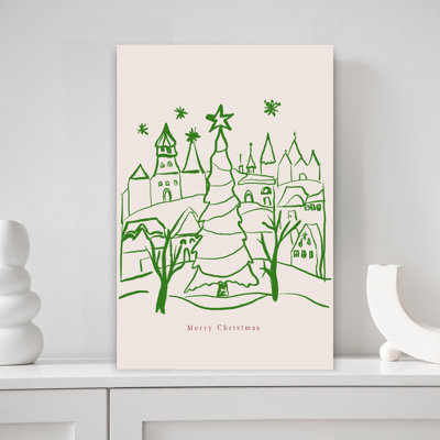 Merry Christmas Town, minimaliste fantaisiste, arbre de Noël abstrait, paysage, art mural d'hiver