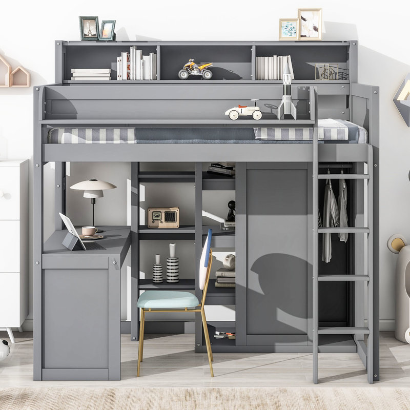 Lit mezzanine simple, bois robuste et espace de rangement robuste et robuste, Gris