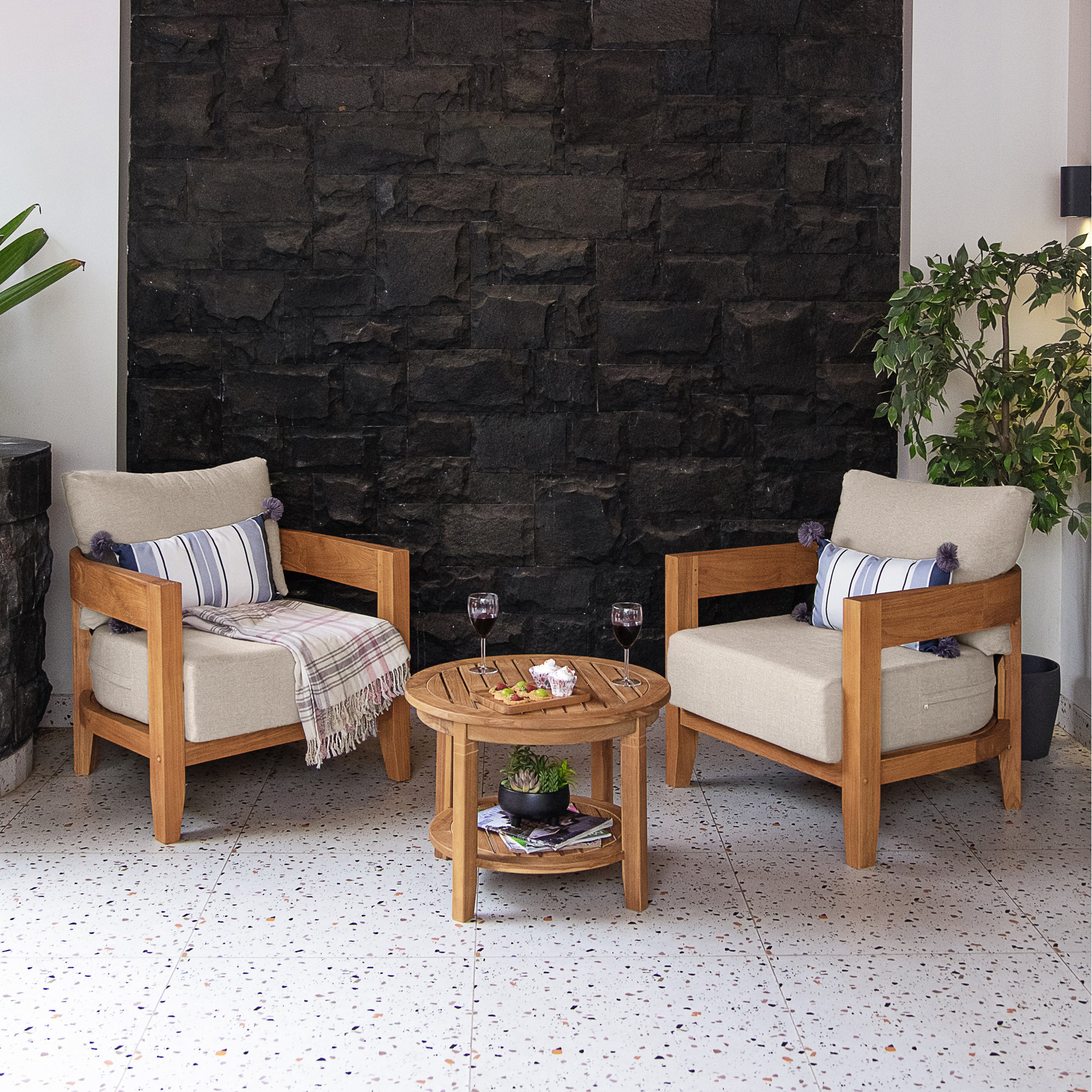 Keaton 3-Piece Teak Outdoor Seating Group With Cushions, Beige