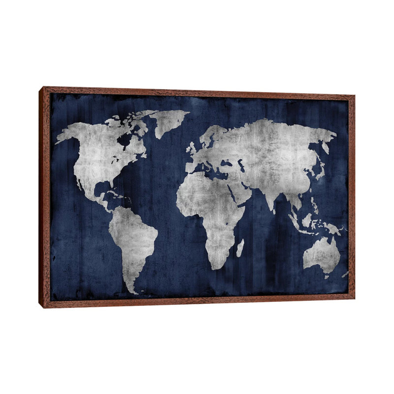 The World - Silver On Blue by Russell Brennan - Print on Canvas, 66.04 cm H x 45.72 cm W, Classic Wood Floater Framed