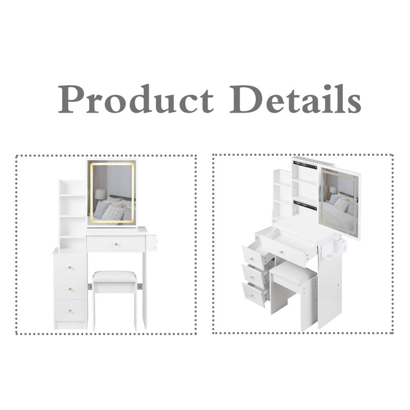 Table de coiffeuse avec 1 tabouret, Blanc