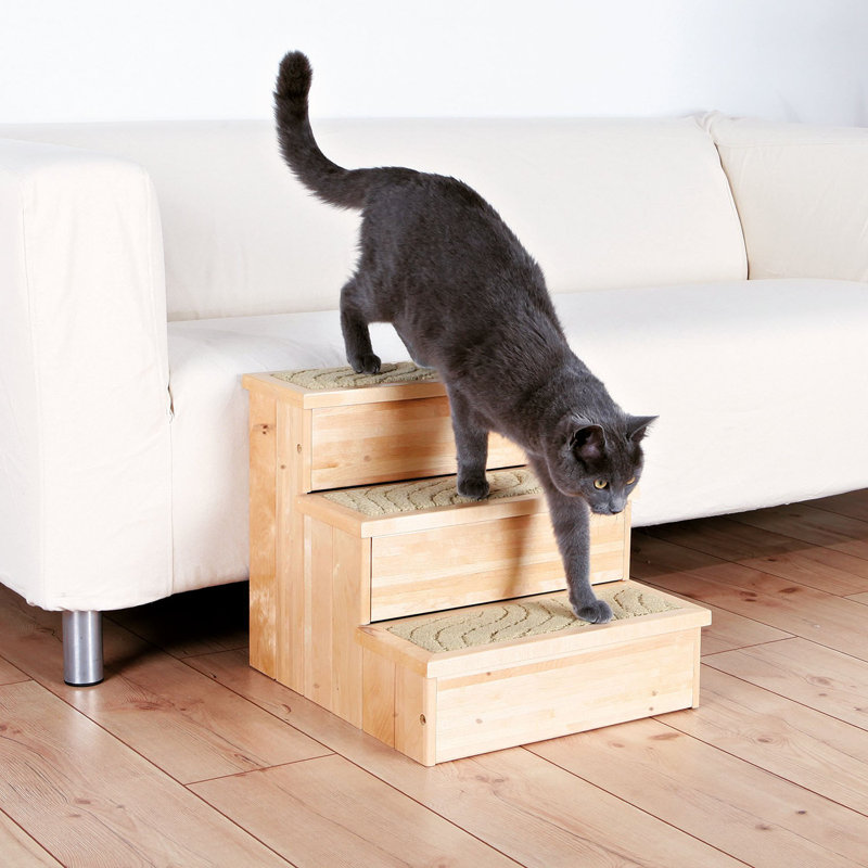 Natural Birch 3-Step Wooden Pet Stairs with Carpeted Steps