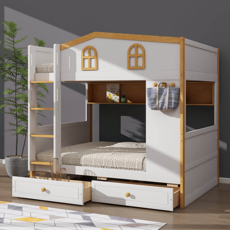 Lit superposé sur le thème de la maisonnette avec tiroirs de rangement, lit superposé en bois avec tablettes de rangement intégrées