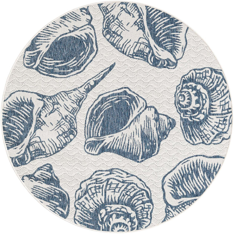 Tapis contemporain de couleur ivoire et bleu marine Avelynn, Rond 6 pi 1 po