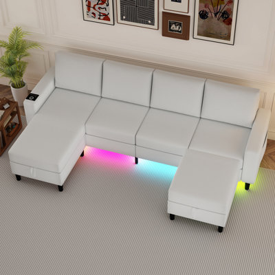4-seater Linen Sectional Sofa With Smart Module-wireless Charging/usb/type-c/rgb Lights (white)