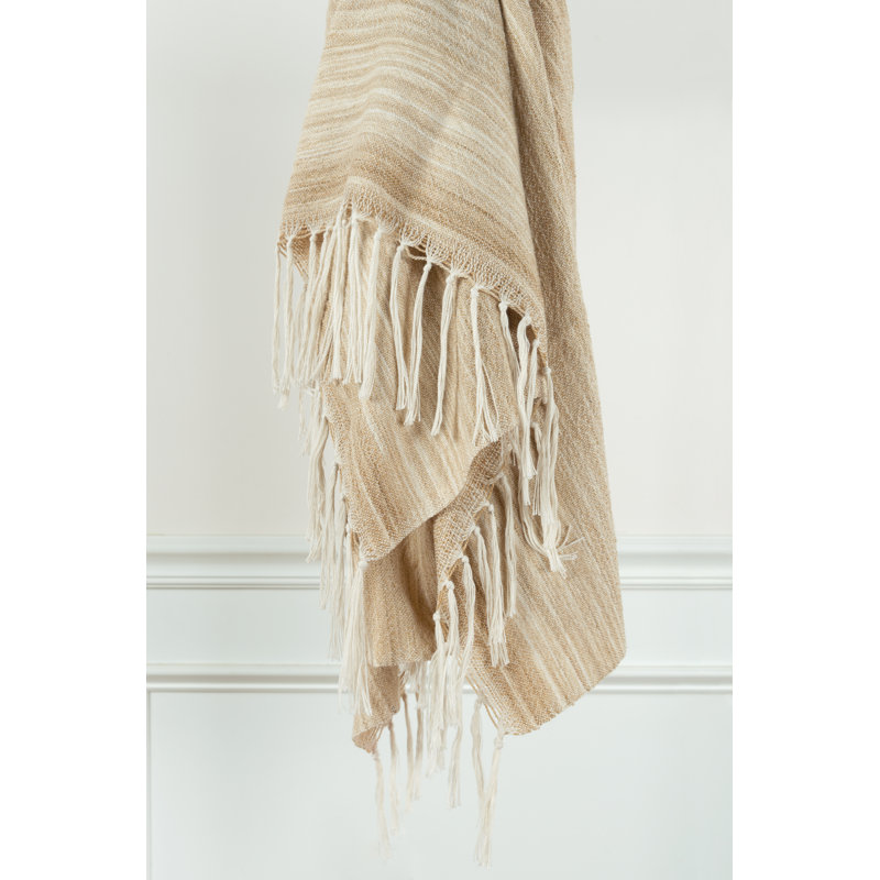 Tan and Beige Reversible Knitted Throw Blanket with Tassels
