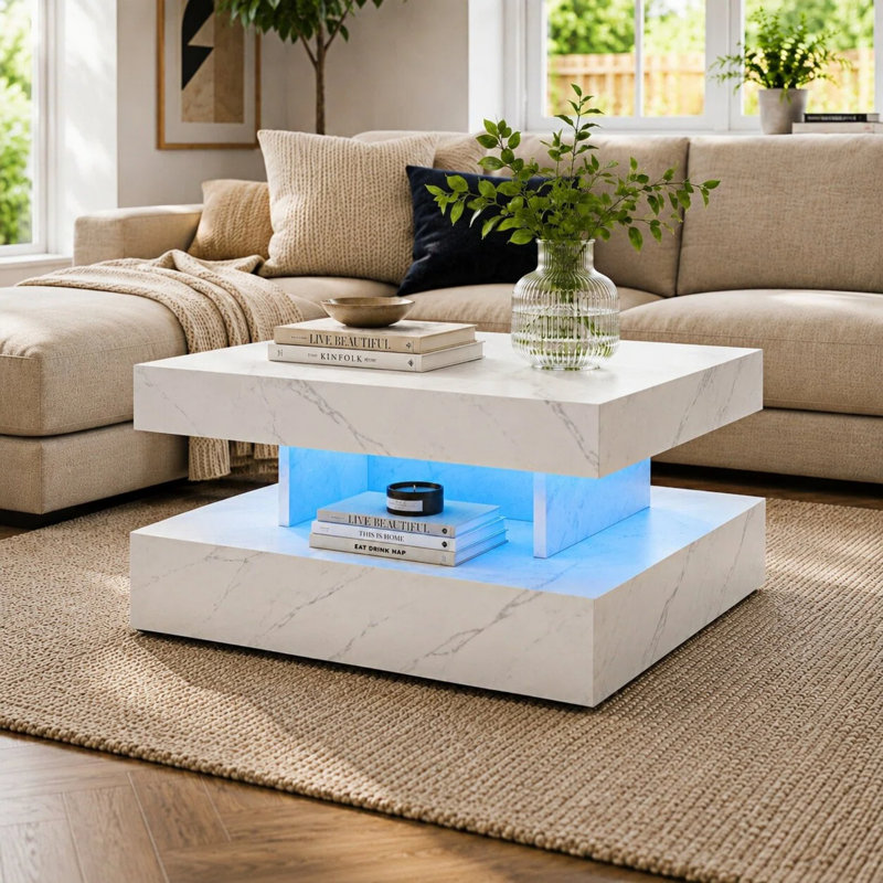 Charvez Square High Gloss LED Coffee Table with Open Storage, 40cm H x 78cm W x 78cm D, White Marble
