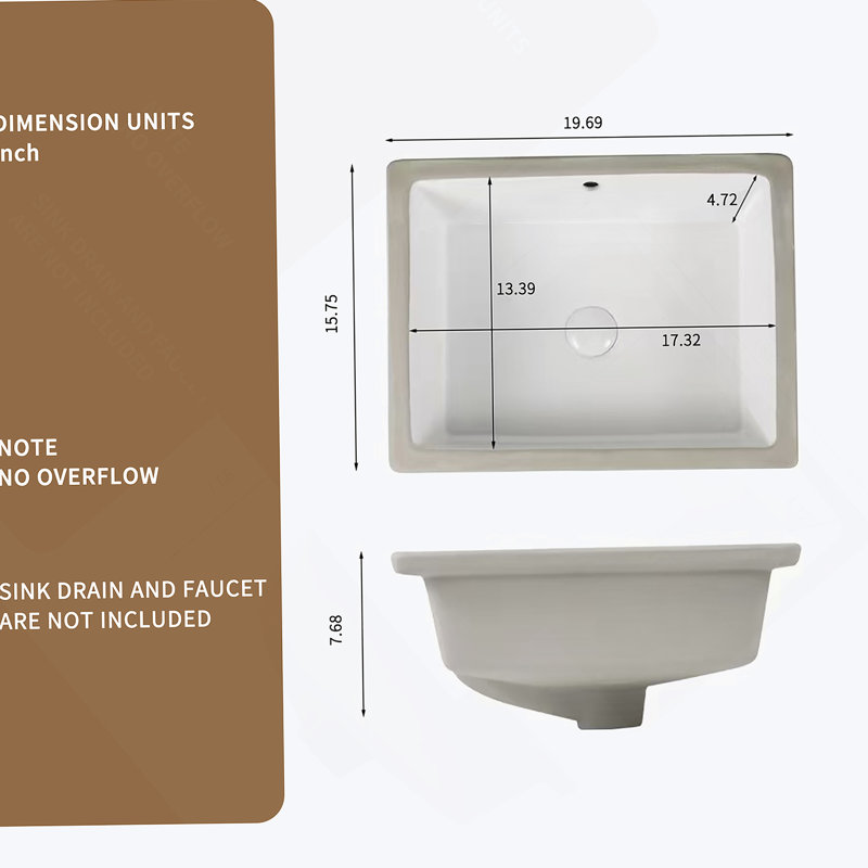 Rectangular Undermount Bathroom Sink  Vessel Sink,Undermount Bathroom Sink Rectangle, White Ceramic Lavatory Vanity Basin With Overflow