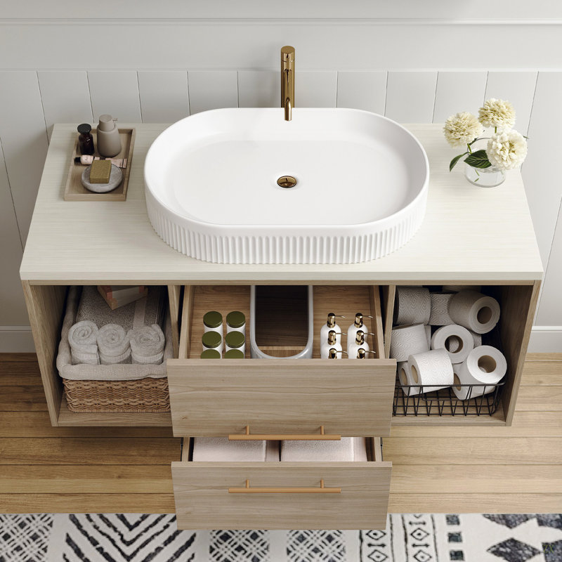 Meuble-lavabo mural moderne 38,2 po avec lavabo ovale en céramique et meuble flottant