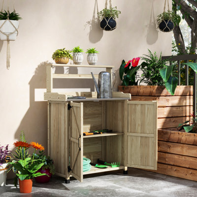 Établi d'extérieur avec rangement, plateau galvanisé, bois pour le jardin, cour, balcon, banc naturel 2 tablettes, armoire de rangement, patio de table, pelouse