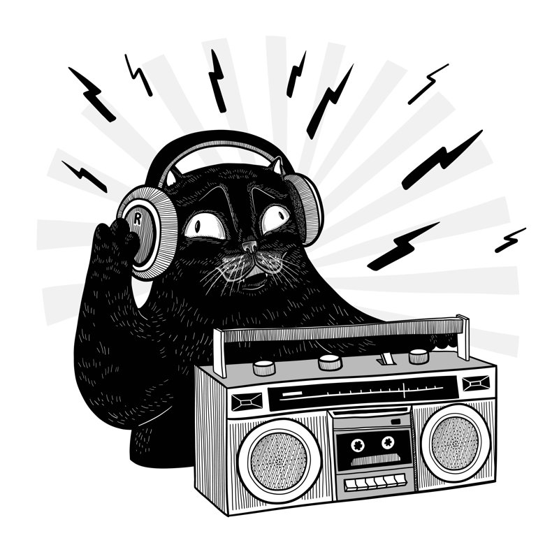 Vector Cute Black Cat With Headphones And Recorder - Wrapped Canvas Print, 30cm H x 30cm W x 3.8cm D