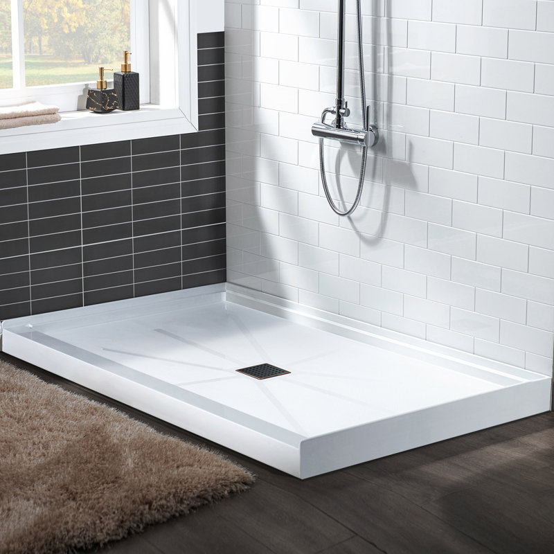 60" W x 34" D Solid Surface Single Threshold Shower Pan Base with Drain Assembly & Drain Cover Included, Non-Slip, Center