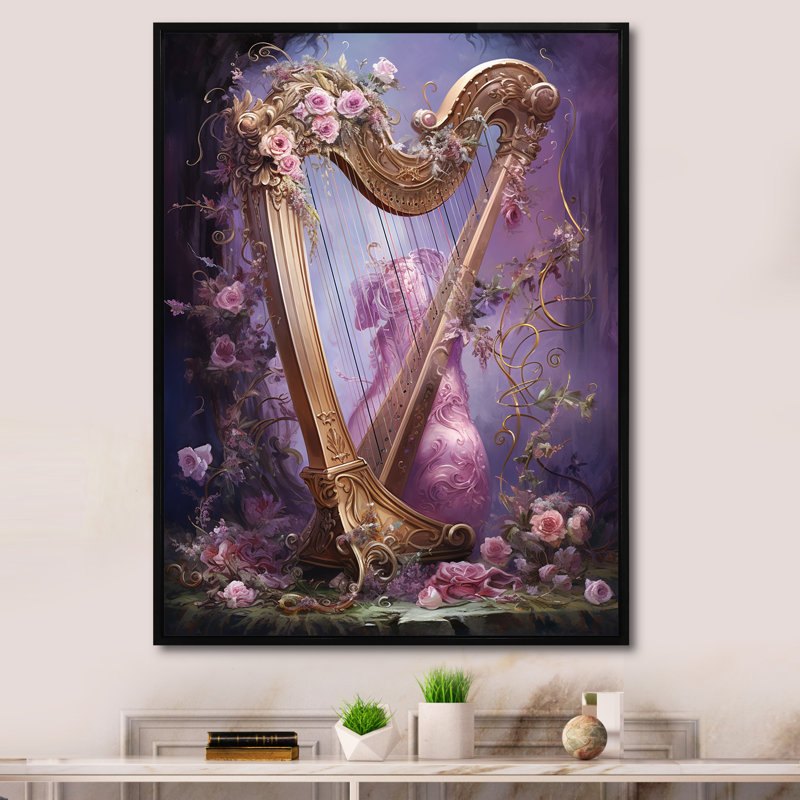 «Lyre Lore Mythical Mauve II», reproduction sur toile, Cadre flottant noir, H 44 po x l 34 po x P 1,5 po