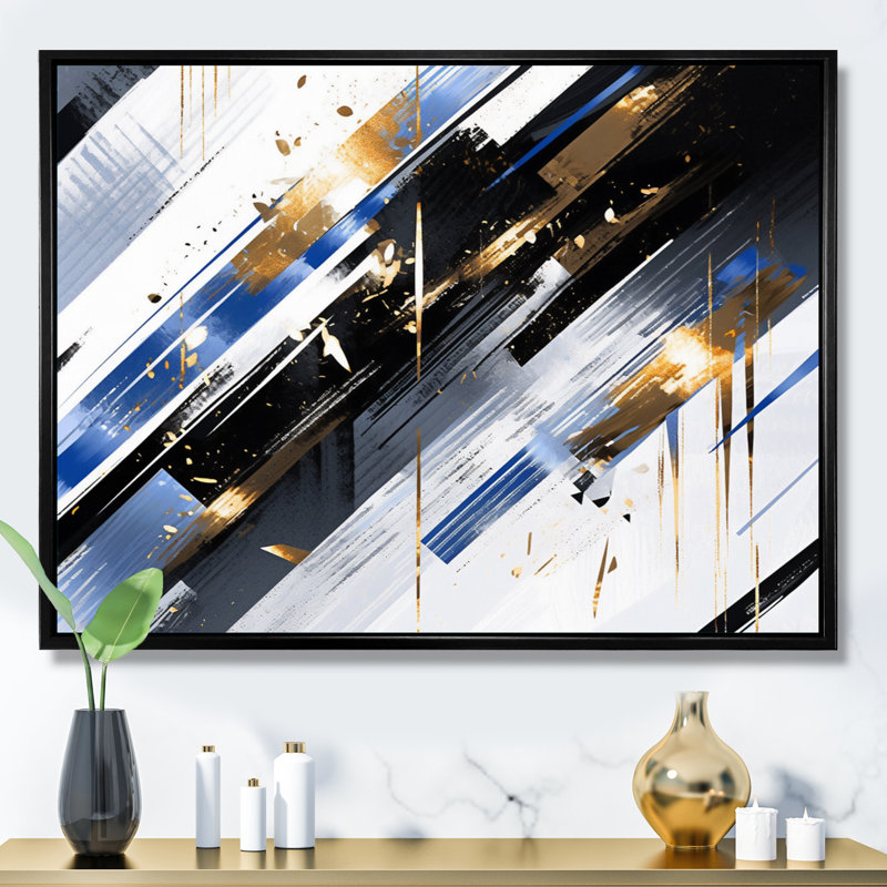 Abstrait symétrique bleu et or - impression, Cadre flottant noir, H 30 po x l 40 po x P 1,5 po