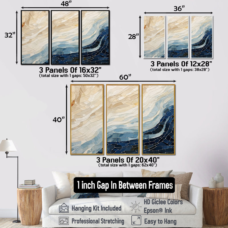 «Abstract Breaking Waves Blue» - ensemble d'art abstrait mural, H 40 po x l 60 po x P 1 po, Cadre flottant brun