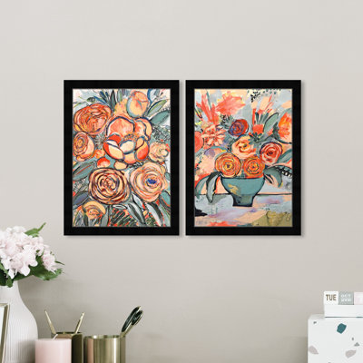 Floral et botanique, coucher de soleil éclatant, ensemble d'art moderne sur toile orange et moderne pour la salle à manger