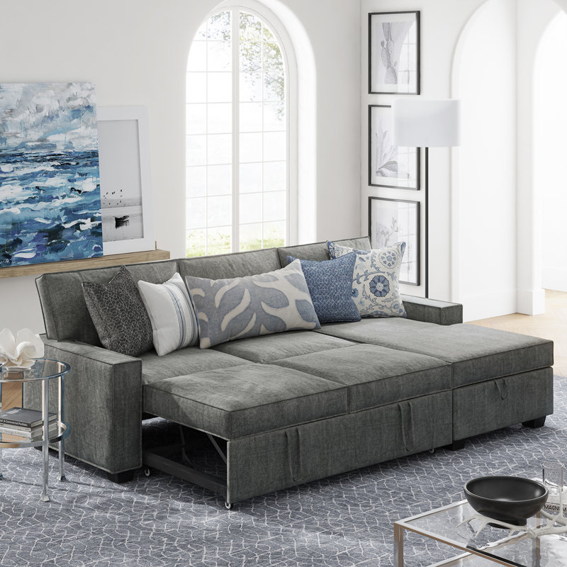 Canapé-lit modulaire coulissant avec méridienne 2 pièces Yates, Polyester gris