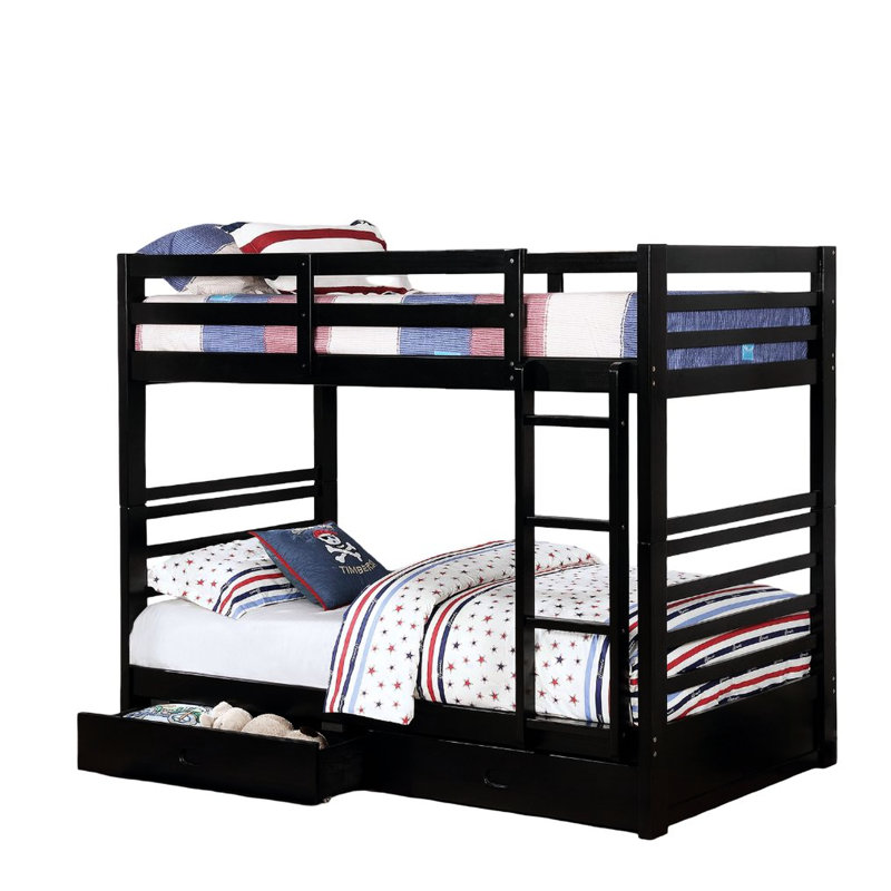 Lit superposé simple au-dessus de style transitionnel, noir, avec deux tiroirs, en bois massif et 10 pièces Lattes pour la configuration de la chambre à coucher