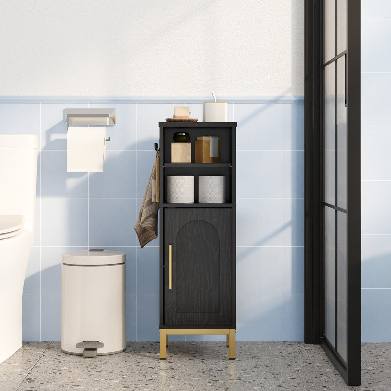 Small Bathroom Storage Cabinet, Freestanding Bathroom Storage Unit with Door and Adjustable Shelf, Narrow Toilet Paper Cabinet with Open Storage Space, with Hooks