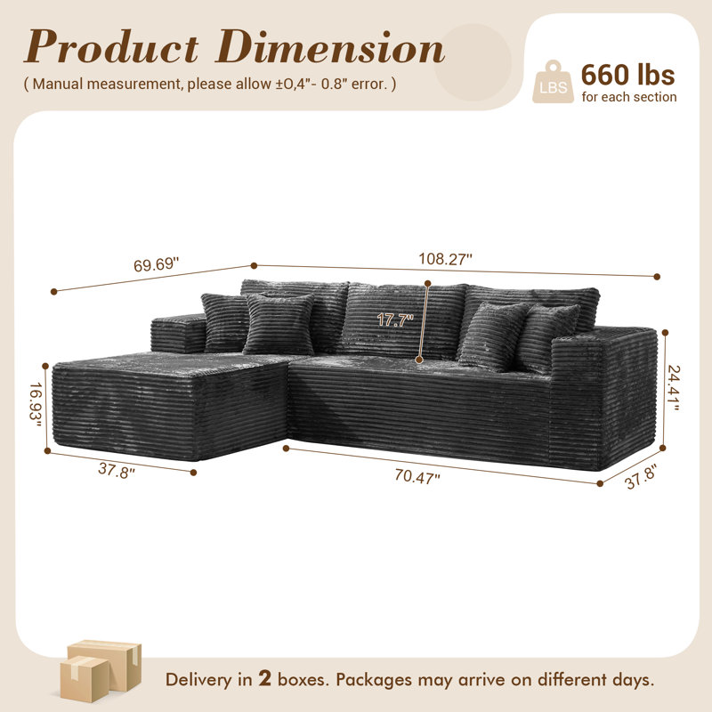 No Assembly Required Compression Packed 2 - Piece Sofa, Left Hand Facing, Gray Corduroy