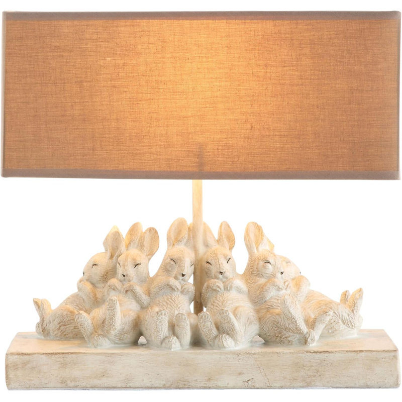 Whitewashed Rabbit Table Lamp With Linen Shade, Farmhouse Nursery Decor, Animal-Themed Bedroom Light