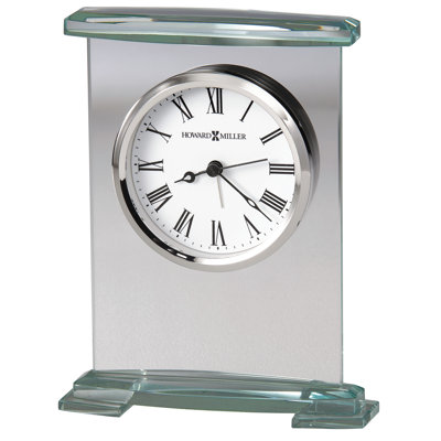 Horloge de table moderne et contemporaine Augustine, cadre incurvé en verre biseauté, cadran à chiffres romains, mouvement à quartz