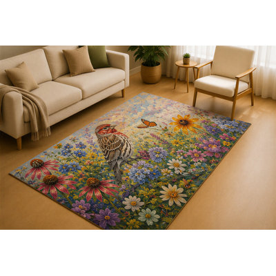"Ultra Lightweight" 5' x 7' Sparrow Wildflower Meadow Area Rug for Living Room, Soft Low Pile Indoor Rug with Non-Slip Silicone Backing, Botanical Carpet for Bedroom, Office, Family Room, Brown Blue