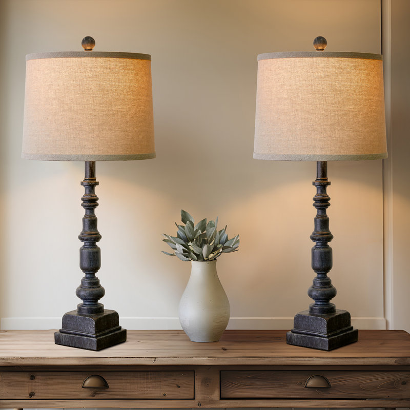 Rustic Black Resin Table Lamp Set with USB Ports