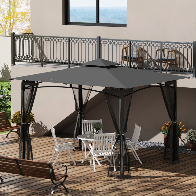 Pavillon de jardin 10 'x 12' avec filet, auvent double pour jardin, pelouse, cour, terrasse, métal, gris foncé