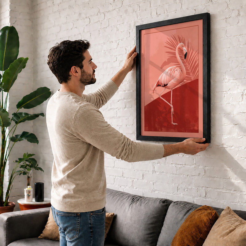Flamingo in Profile Minimalist - Framed Print, A4 - 29.7 x 21.0 cm, Oak