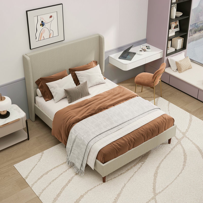 High Headboard Upholstered Bed, Bed Frame, 12-Slat Support, Easy To Assemble, Beige, Linen Cloth, No Box Spring Needed, Queen