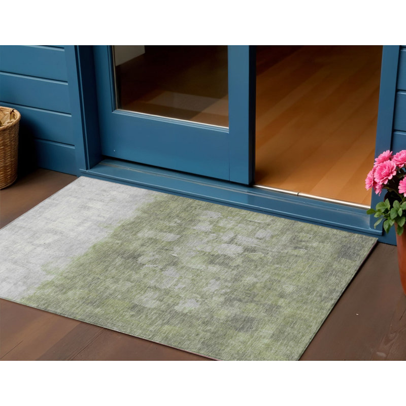 Tapis d'extérieur lavable abstrait vert et argent 3 pi x 5 pi Fern