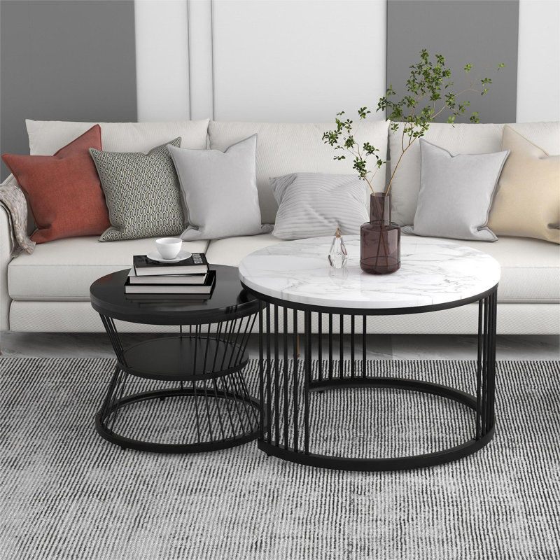 Amahya Frame Coffee Table with Storage, White Marble, Black